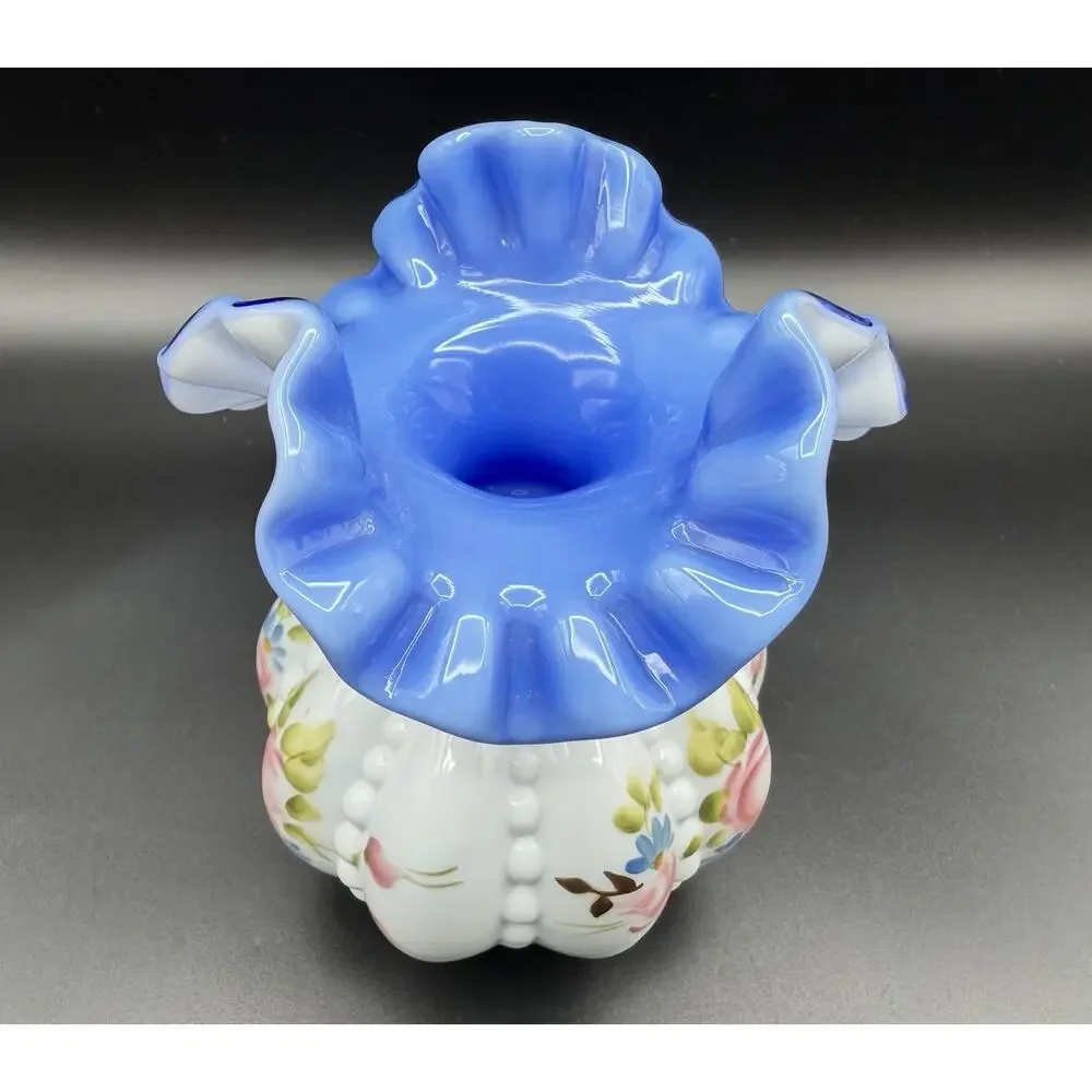 Fenton Blue Charleton Garden Hand Painted Beaded Melon Vase 5.5” Signed 2006